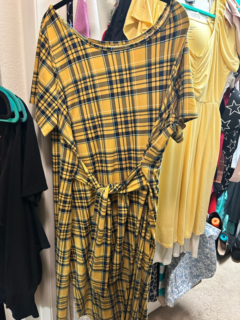 Piphany Yellow Plaid Tie-Waist Midi Dress